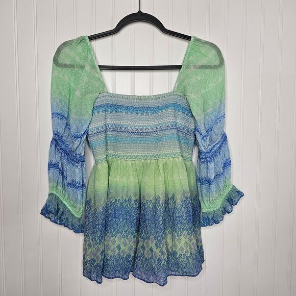 Hale Bob Women's Brittany Smocked Top Size Medium Smocked Vacation Green Blue - Picture 9 of 16